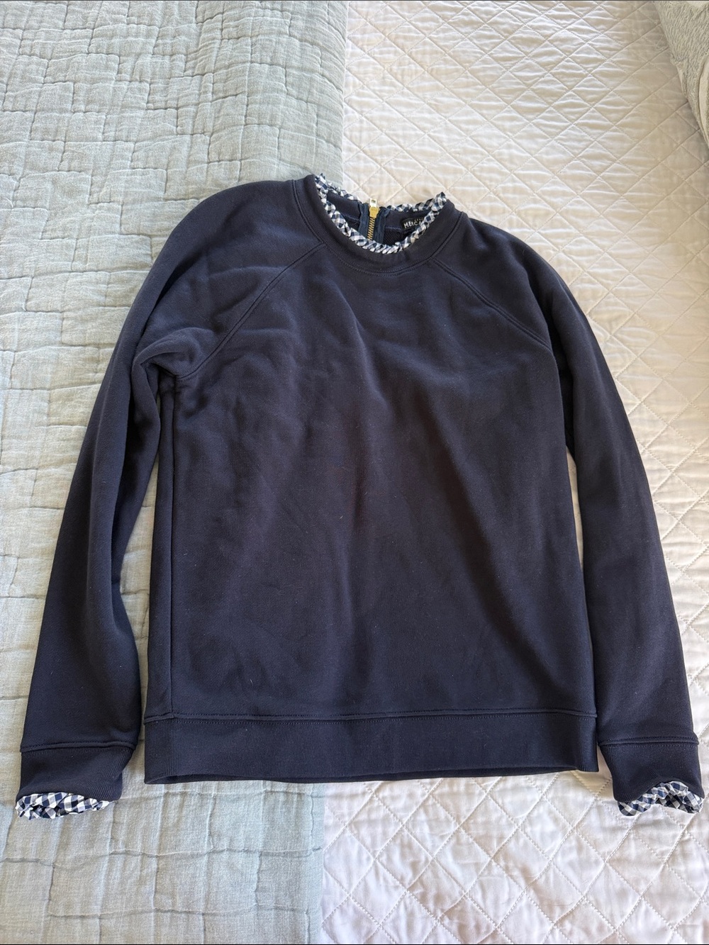 J. Crew Navy Sweatshirt with Navy Gingham Trim